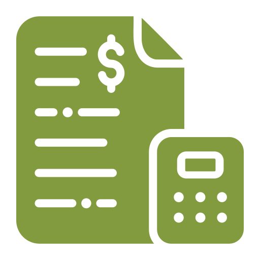 "Icon representing a financial document with dollar sign and calculator, indicating budgeting, accounting or financial planning.