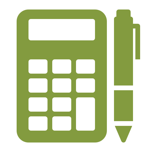 Green calculator and pen icon on a transparent background.