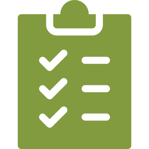 Green clipboard icon with check marks on list items.